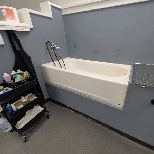 Raised wash tub with sprayer, non-slip ramp, and shampoo cart at Country Pet Wash